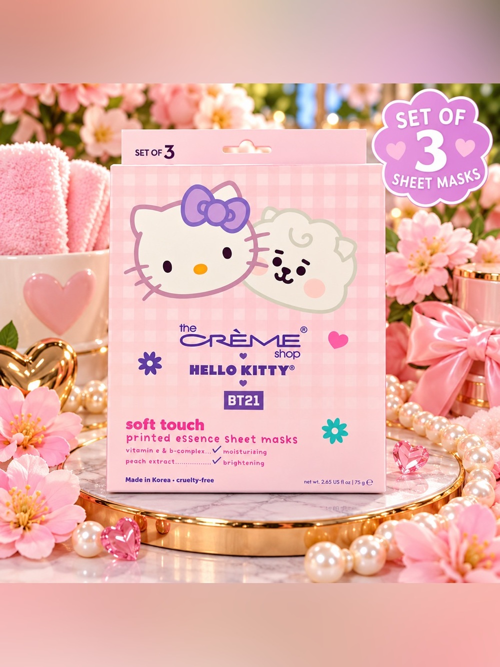 The Crème Shop Hello Kitty BT21 Soft Touch Printed Essence Sheet Masks Set of 3